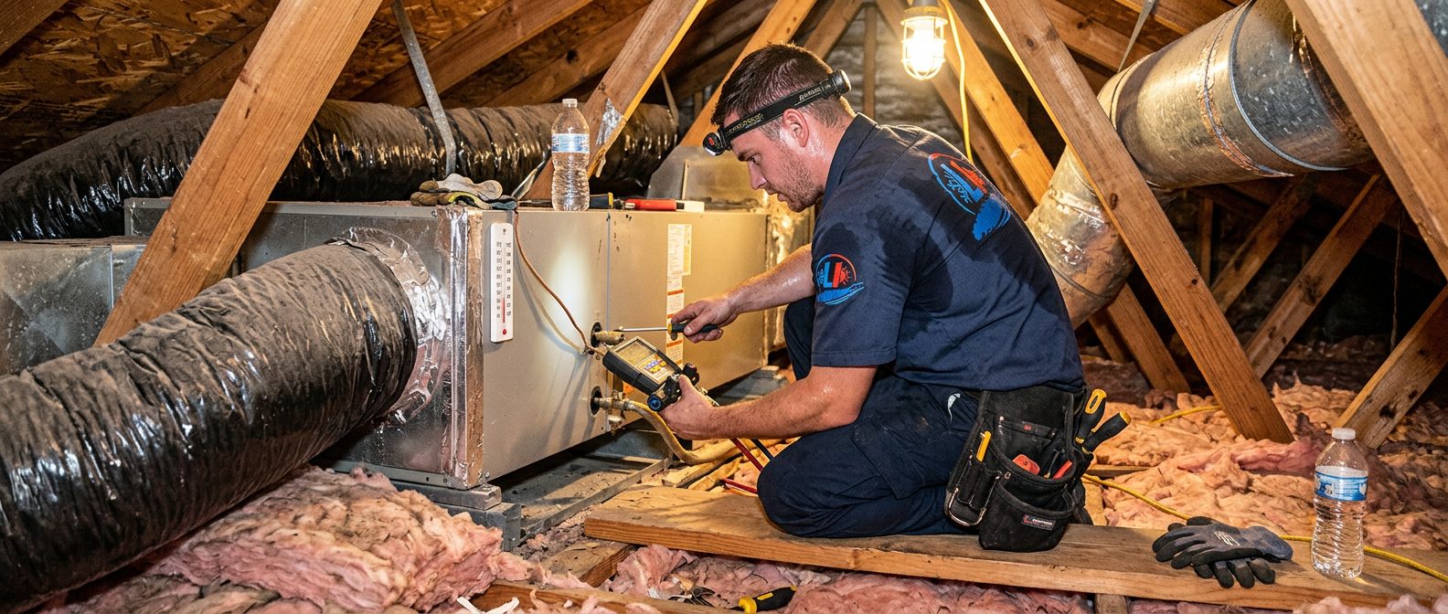 Long Island ac repair — EPA 608-certified technician on the job