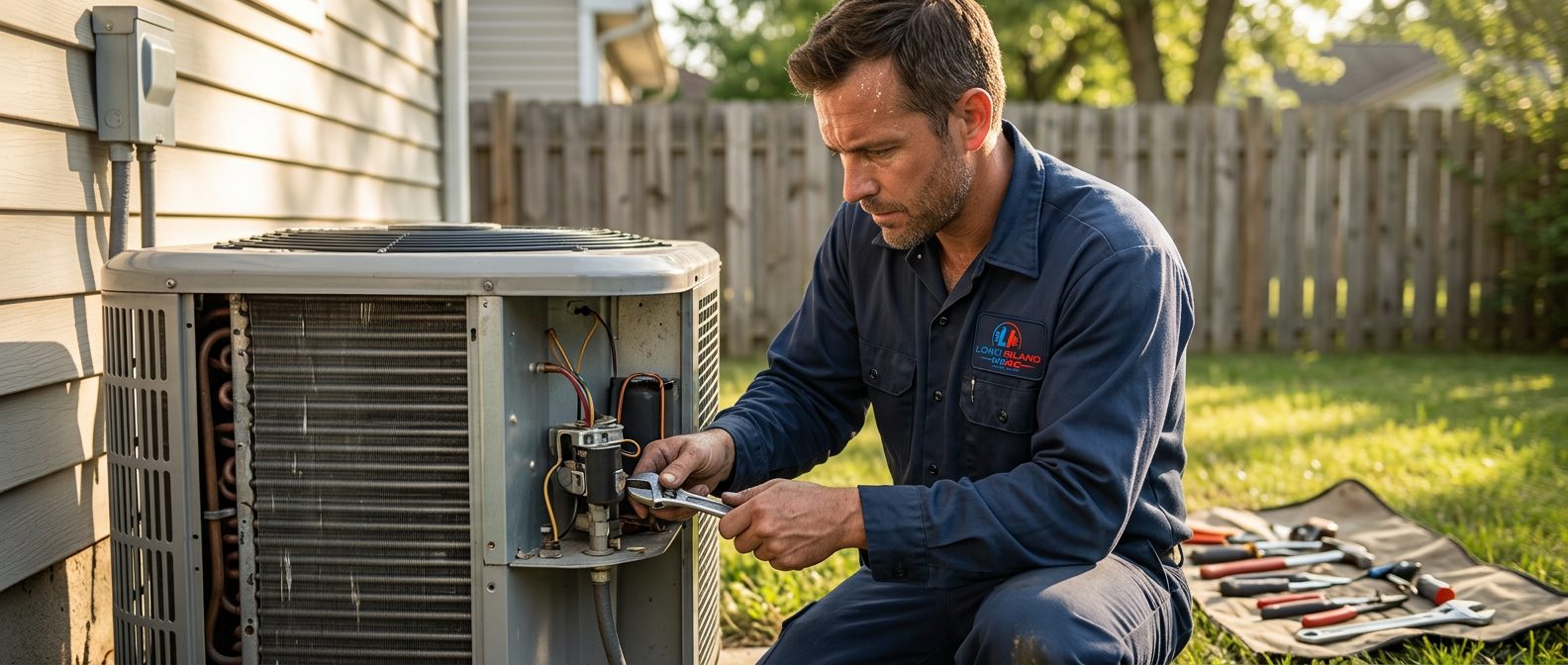 AC Repair on Long Island — EPA 608-certified HVAC technician on the job